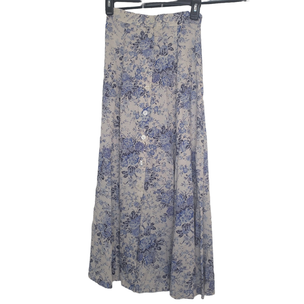 VTG Laura Ashley Blue White Floral Linen Blend Long Skirt Size 4